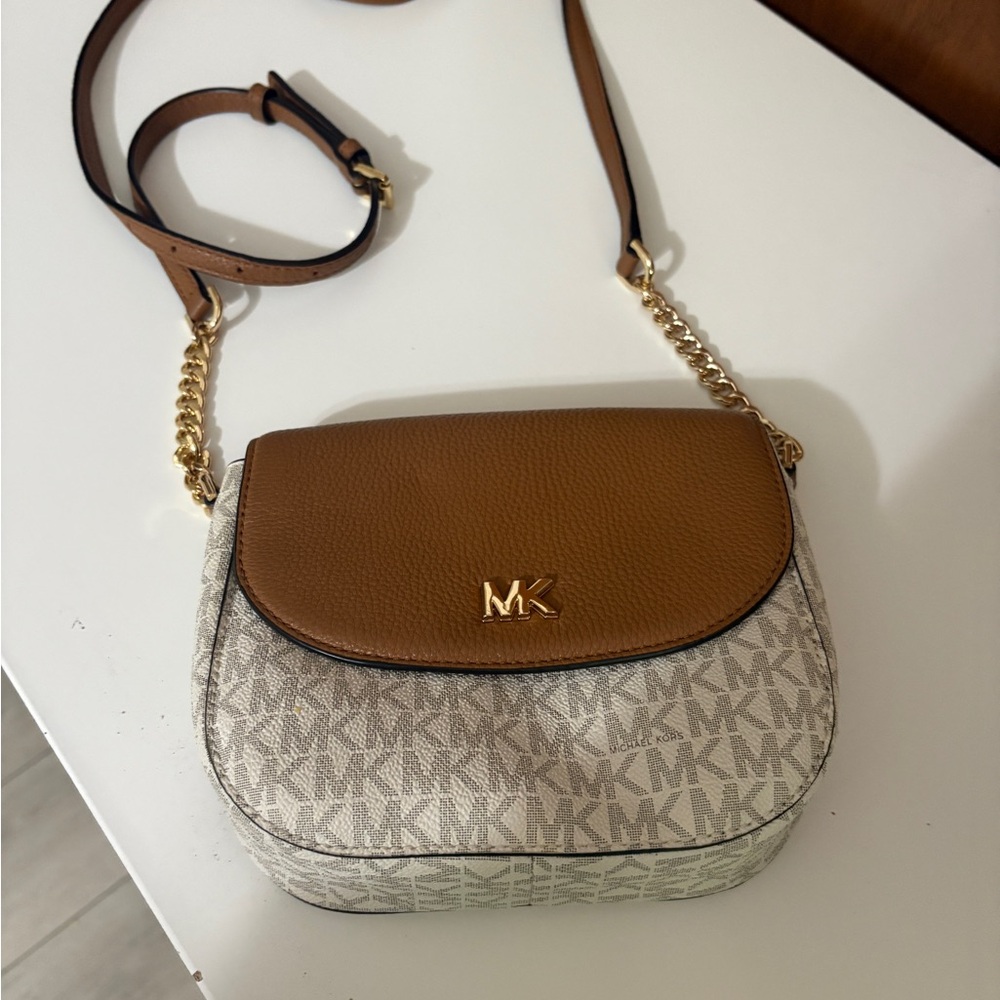 Michael Kors Brown and Cream Crossbody Bag with Gold Hardware
